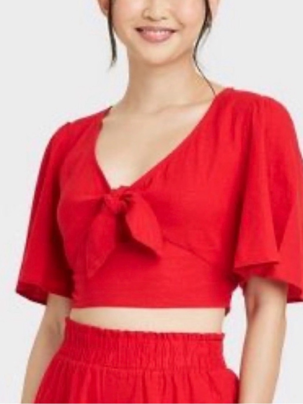 Red Tie-Front Flutter Sleeve Crop Top